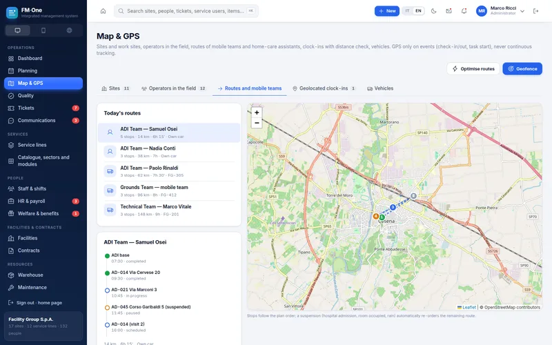 Map showing a home care assistant's route for the day and a list of mobile teams with their stops and times.
