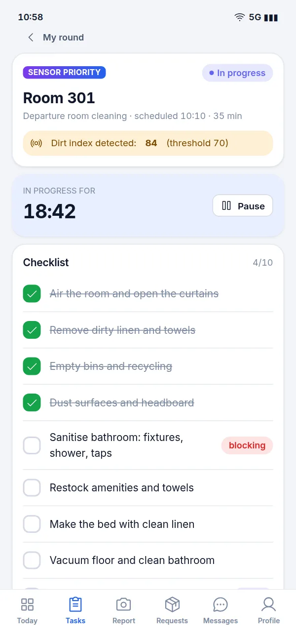 Task in progress with timer and checklist: four of ten items done, one mandatory item still to complete.