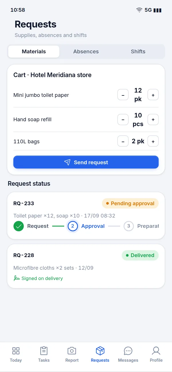 Supply request from the storeroom catalogue, with the status of earlier requests and sign-off on delivery.