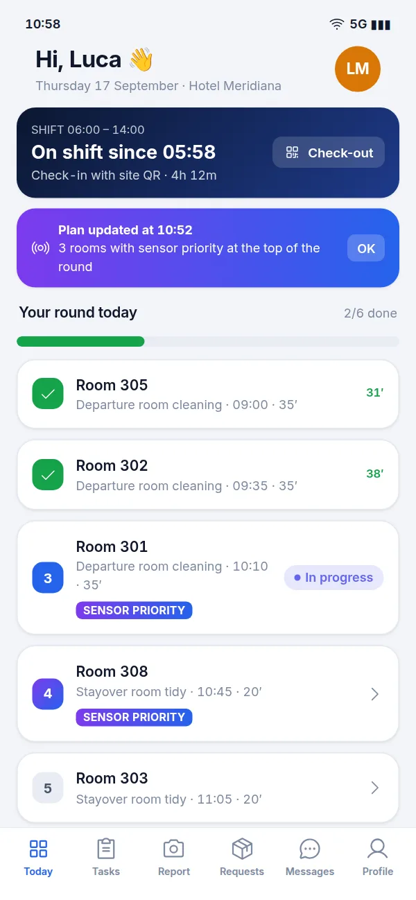 Operator app: the current shift, a notice that the plan was updated by sensors, and the day's round with the rooms to clean.