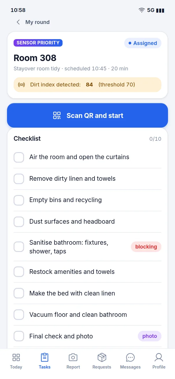 Task detail in the operator app: sensor-driven priority, a Scan QR and start button, and the checklist to complete.