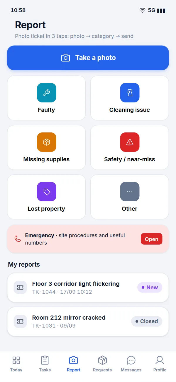 Report screen: take a photo and choose a category: fault, cleaning issue, missing supplies, safety, lost property.