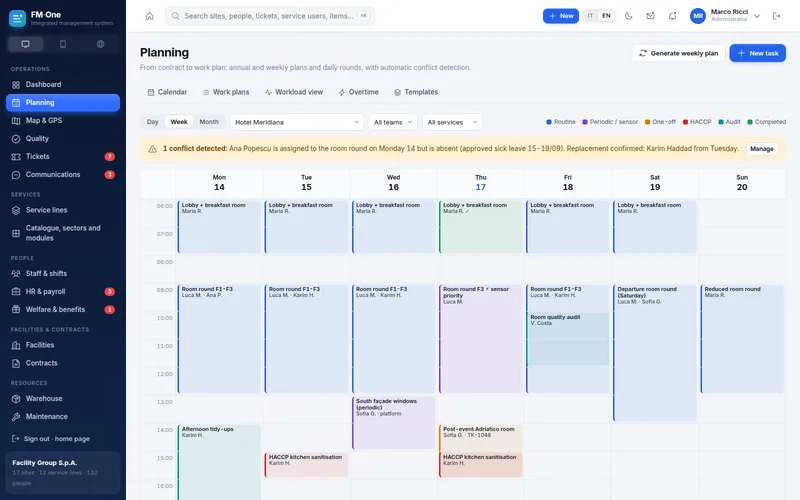 Weekly scheduling calendar with a detected conflict and the suggested replacement.