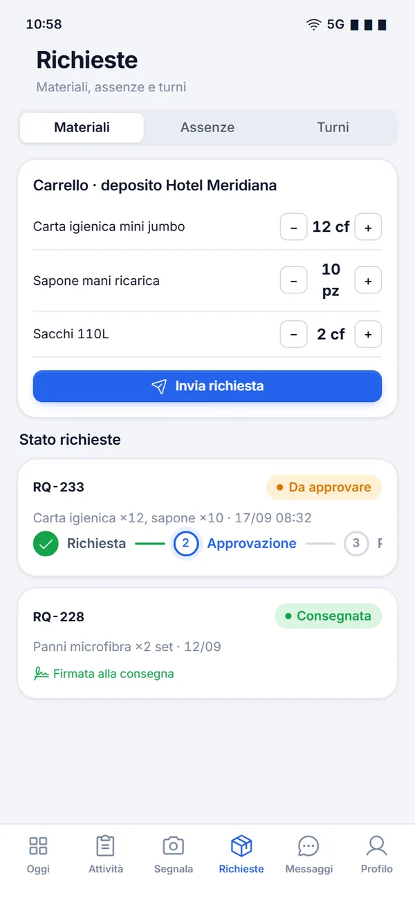 Richiesta di materiali dal carrello del deposito, con lo stato delle richieste precedenti e la firma alla consegna.