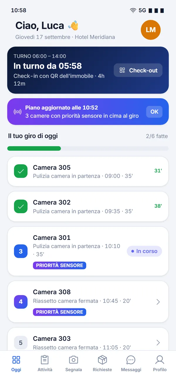 App operatore: il turno in corso, l'avviso di piano aggiornato dai sensori e il giro del giorno con le camere da pulire.