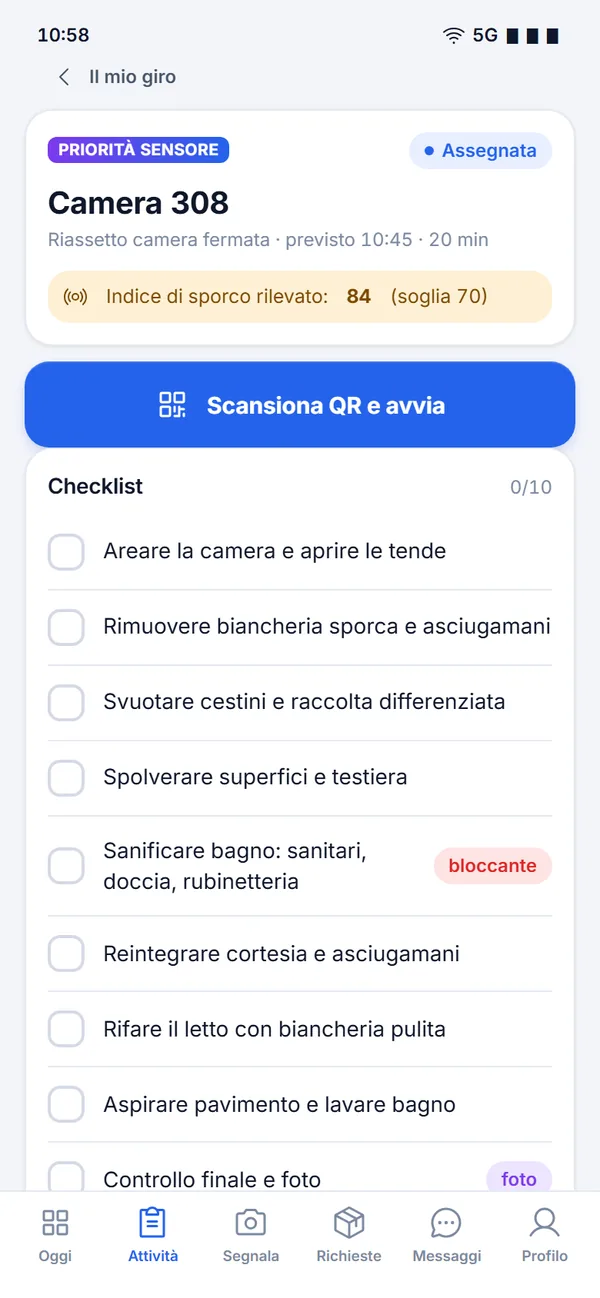 Dettaglio di un'attività nell'app operatore: priorità dal sensore, pulsante Scansiona QR e avvia e checklist da completare.