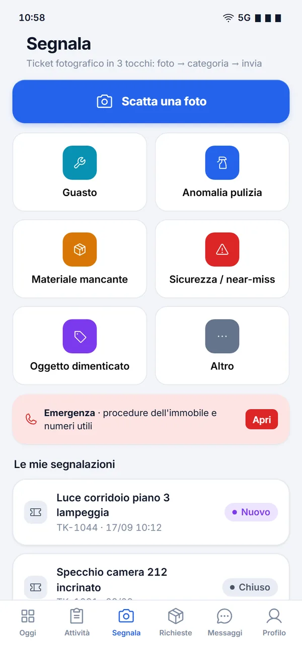 Schermata Segnala: scatta una foto e scegli la categoria tra guasto, anomalia pulizia, materiale mancante, sicurezza, oggetto dimenticato.