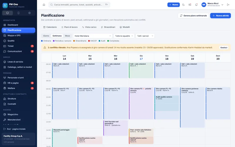 Calendario settimanale della pianificazione con un conflitto rilevato e la sostituzione proposta.